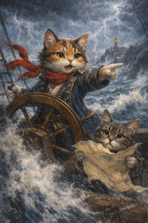 Captain Calico steering through a storm with a chart
