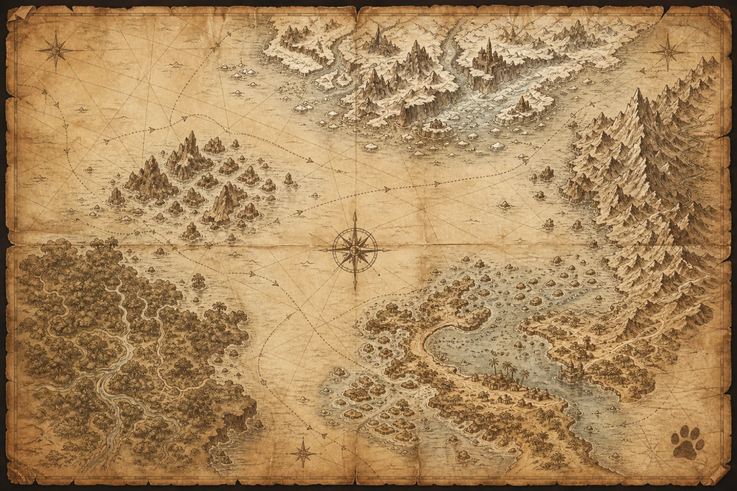 Sepia nautical chart of the Captain Calico world with islands, fjords, jungle rivers, mountains, and a cat paw print